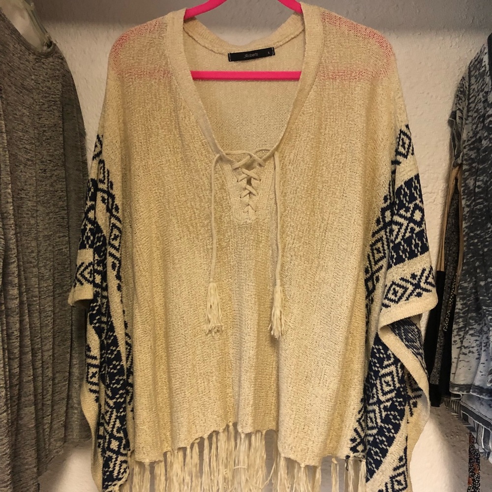 Oatmeal and Blue fringe poncho